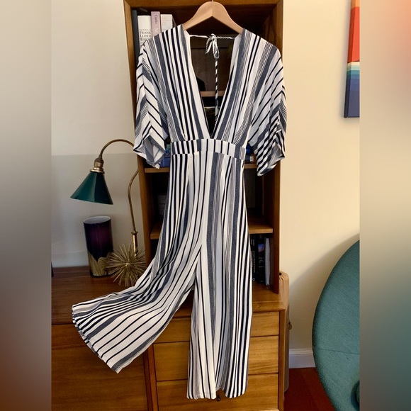 Lulus Pants - Lulu’s Off-White/Black Striped Romper Jumpsuit Size L